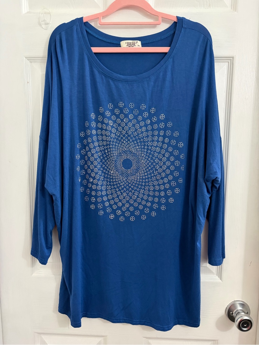 Julia Blue Long-Sleeve Tee with Silver Mandala Detail. Size 2X